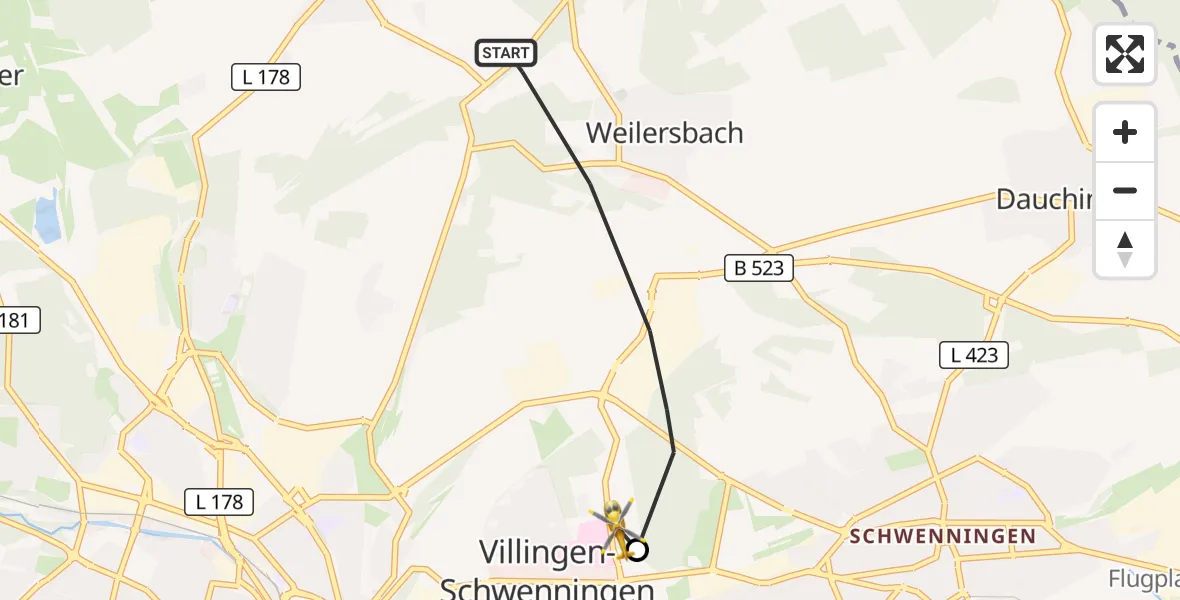 Flugroute Ambulanzhubschrauber Villingen-Schwenningen - DRF Air Rescue Station Villingen-Schwenningen Hubschrauberlandeplatz (Christoph 11), 15 Oktober 2026, 15:05