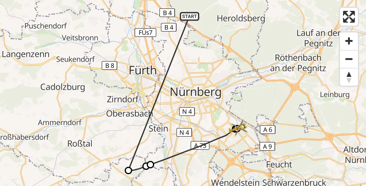 Flugroute Rettungshubschrauber Neunhofer Forst - Nürnberg South Hospital, 15 Oktober 2026, 15:07
