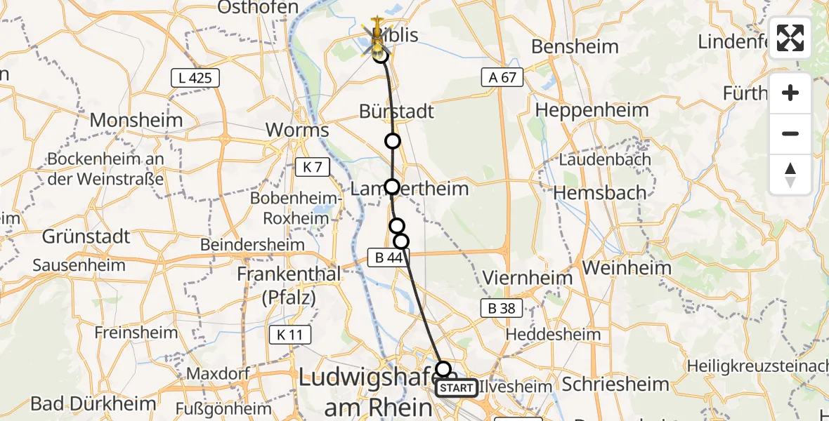 Flugroute Rettungshubschrauber Mannheim-City Flughafen - Biblis, 15 Oktober 2026, 15:09