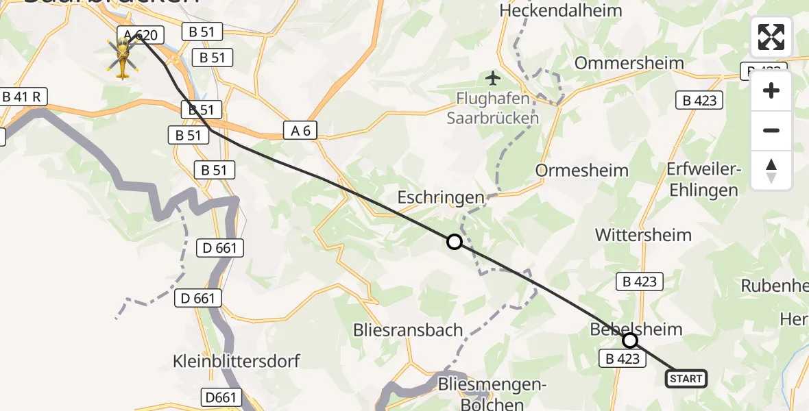Flugroute Rettungshubschrauber Gersheim - Saarbrücken, 15 Oktober 2026, 15:10
