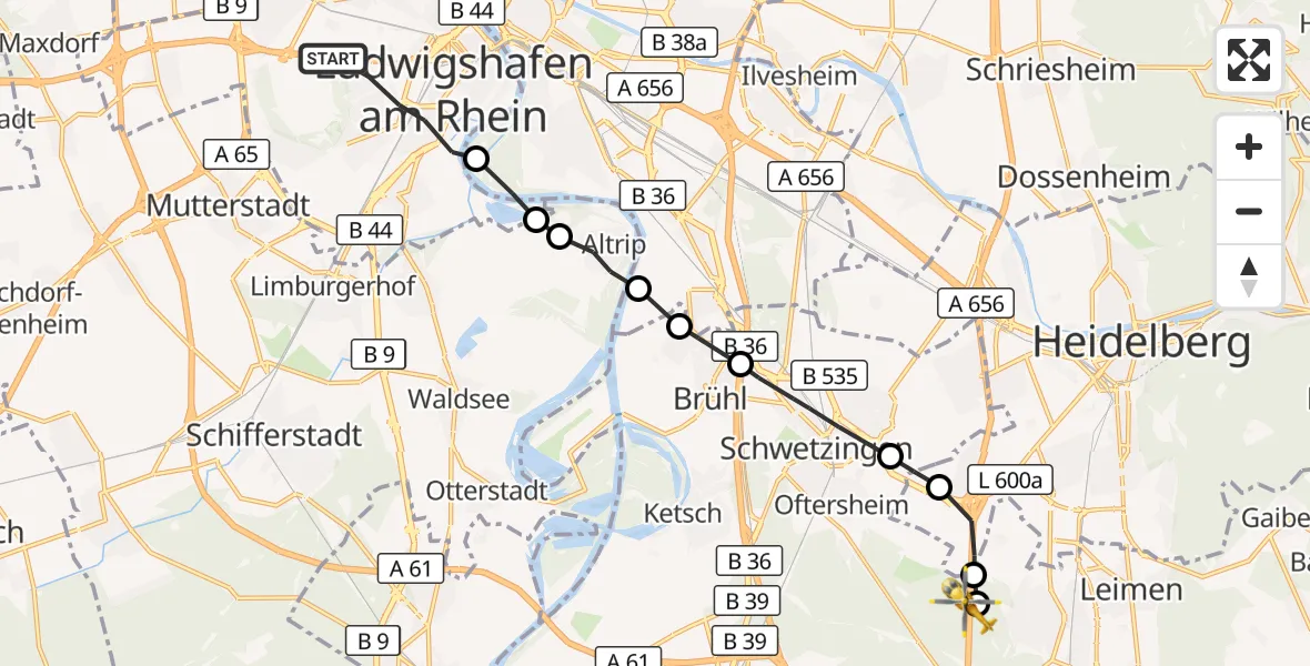 Flugroute Rettungshubschrauber Ludwigshafen am Rhein - Sandhausen, 15 Oktober 2026, 15:14