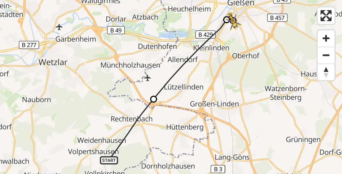 Flugroute Rettungshubschrauber Hüttenberg - Gießen University Hospital, 15 Oktober 2026, 15:19