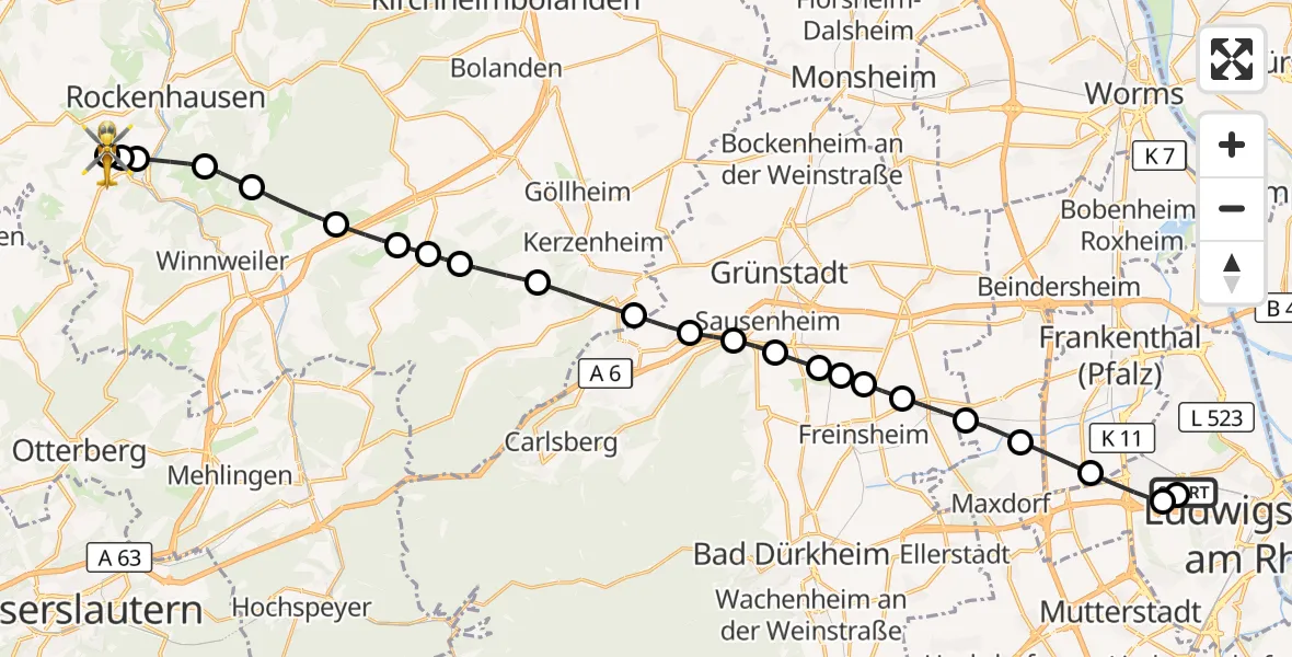 Flugroute Rettungshubschrauber Ludwigshafen Accident Hospital - Rockenhausen, 15 Oktober 2026, 15:27