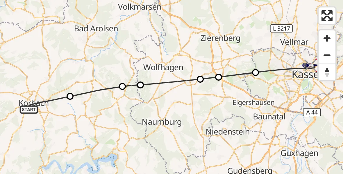 Flugroute Polizeihubschrauber Korbach - Kassel, 15 Oktober 2026, 15:28