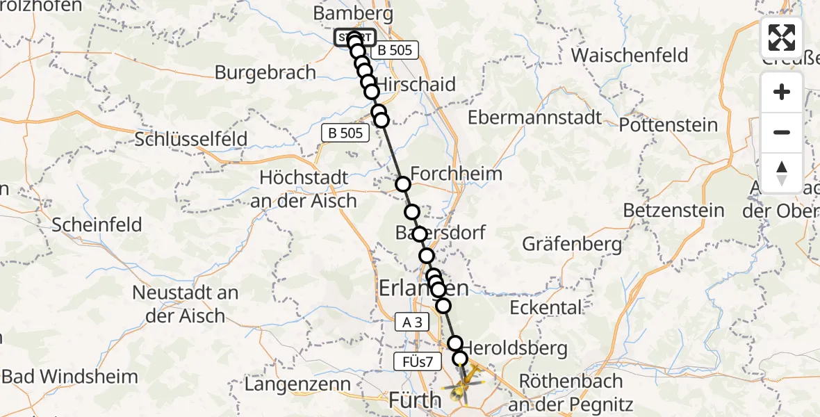 Flugroute Ambulanzhubschrauber Bamberg Hospital - Flughafen Nuremberg, 15 Oktober 2026, 15:29