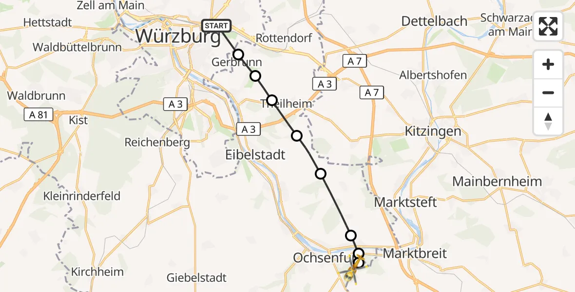 Flugroute Rettungshubschrauber Würzburg - Ochsenfurt Hospital, 15 Oktober 2026, 15:31