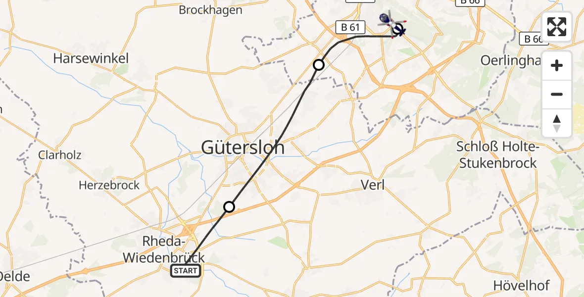 Flugroute Polizeihubschrauber Rheda-Wiedenbrück - Luftrettungszentrum Bielefeld, 15 Oktober 2026, 15:33