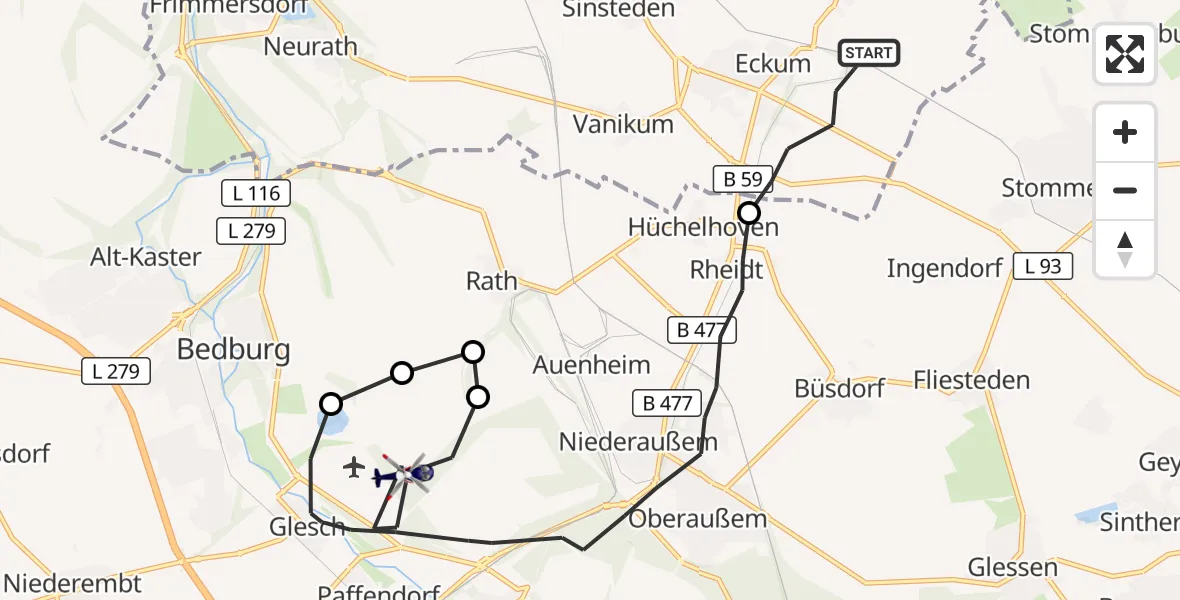 Flugroute Polizeihubschrauber Rommerskirchen - Bergheim Flugplatz, 15 Oktober 2026, 15:36