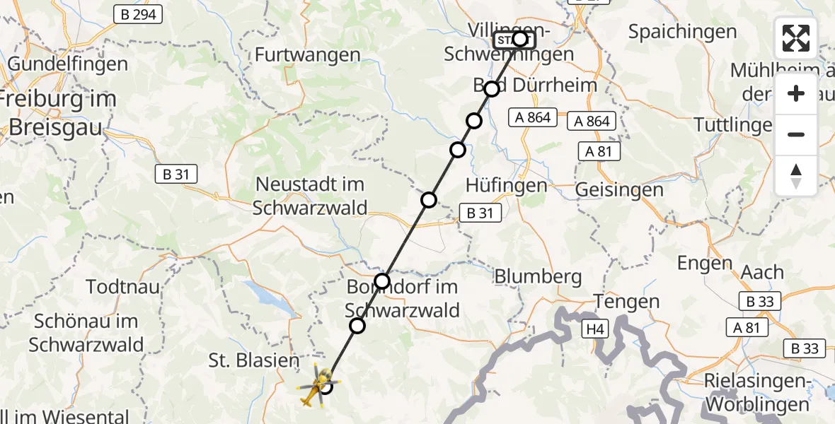 Flugroute Ambulanzhubschrauber DRF Air Rescue Station Villingen-Schwenningen Hubschrauberlandeplatz (Christoph 11) - Ühlingen-Birkendorf, 15 Oktober 2026, 15:36