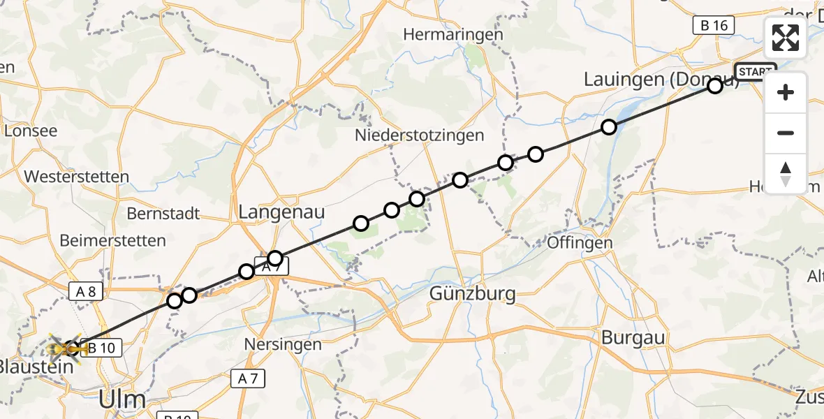 Flugroute Rettungshubschrauber Dillingen a.d.Donau - Ulm Military Hospital Emergency, 15 Oktober 2026, 15:39