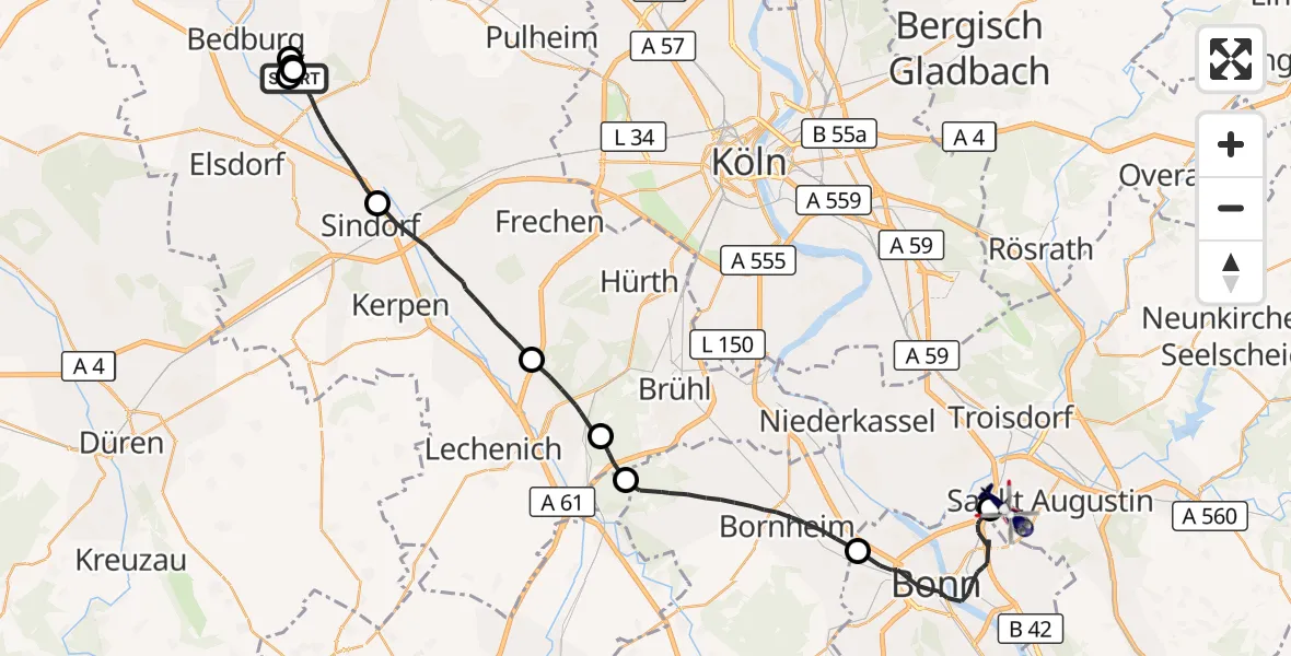 Flugroute Polizeihubschrauber Bergheim Flugplatz - Sankt Augustin, 15 Oktober 2026, 15:43