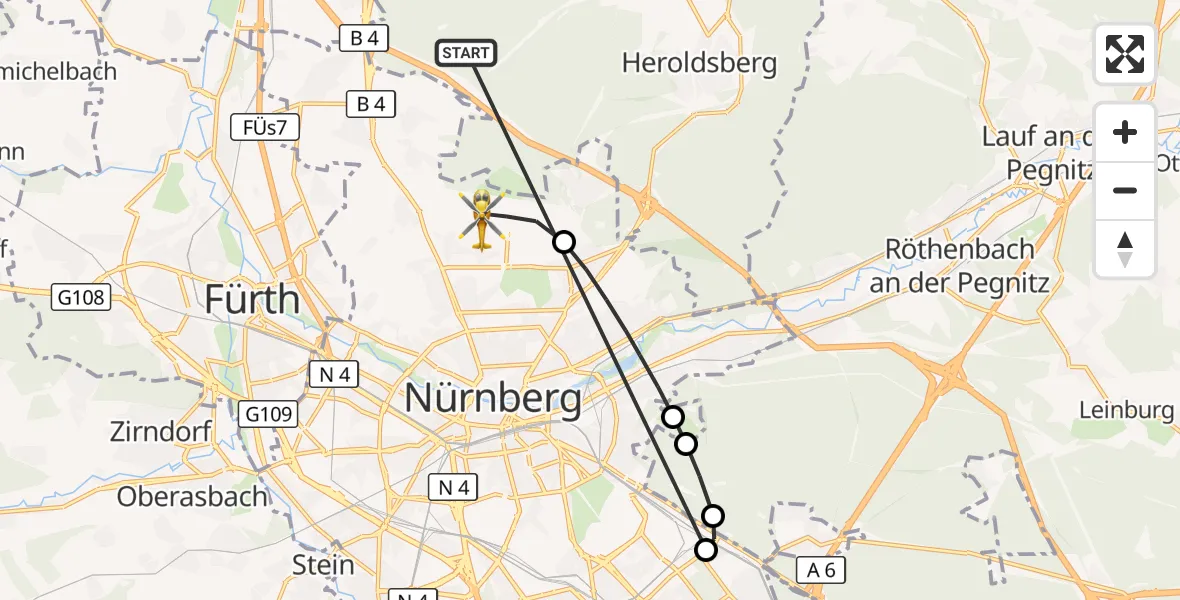Flugroute Rettungshubschrauber Neunhofer Forst - Flughafen Nuremberg, 15 Oktober 2026, 15:46