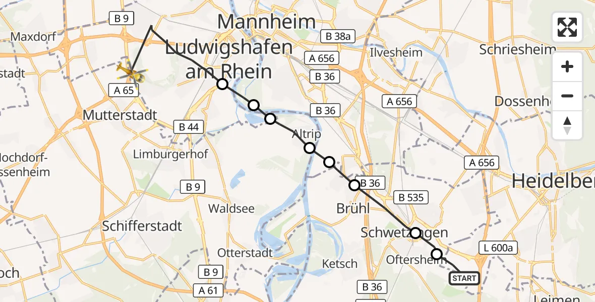 Flugroute Rettungshubschrauber Heidelberg - Ludwigshafen am Rhein, 15 Oktober 2026, 15:52