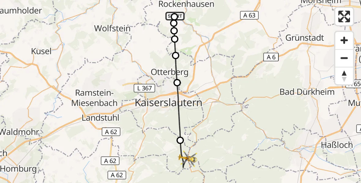 Flugroute Rettungshubschrauber Rockenhausen - Trippstadt, 15 Oktober 2026, 16:01