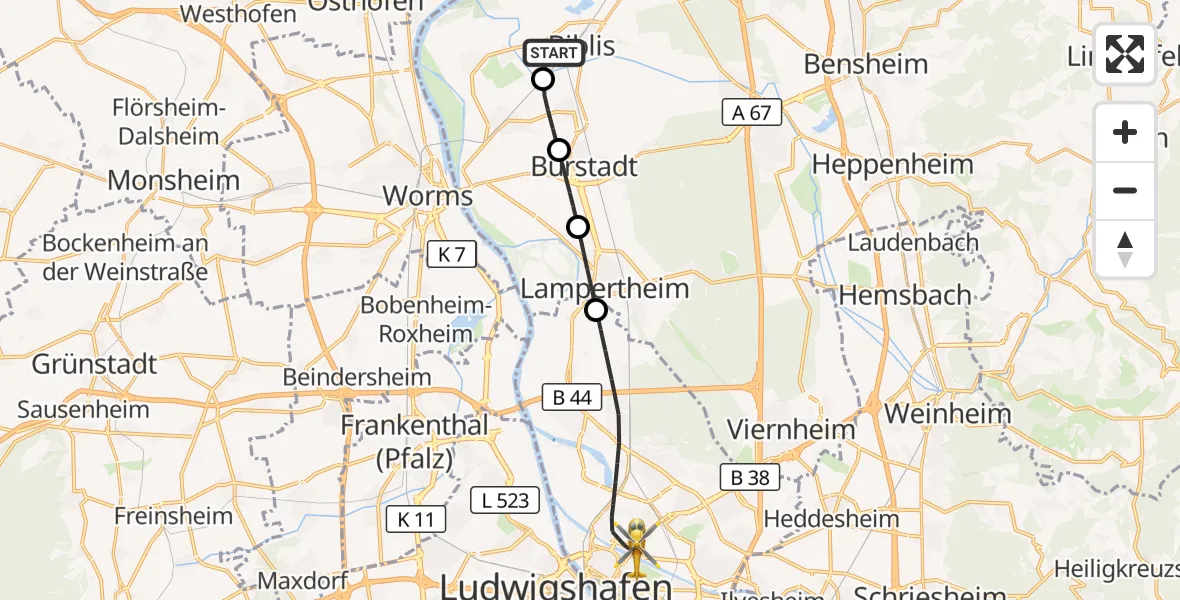 Flugroute Rettungshubschrauber Biblis - Mannheim, 15 Oktober 2026, 16:03