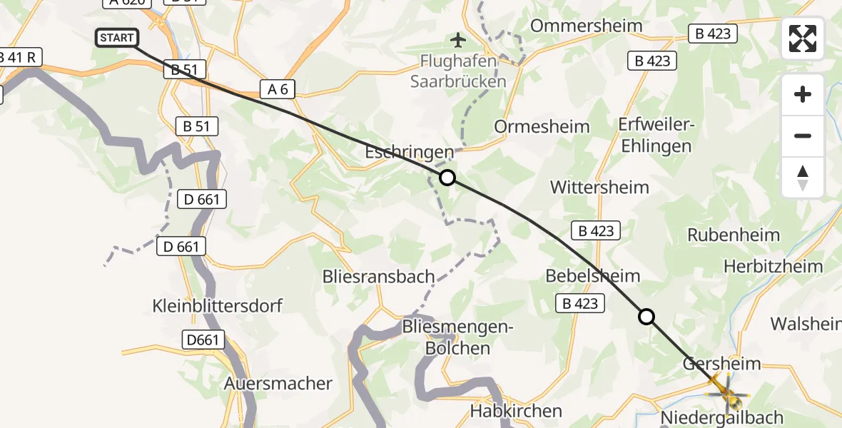 Flugroute Rettungshubschrauber Saarbrücken - Gersheim, 15 Oktober 2026, 16:03