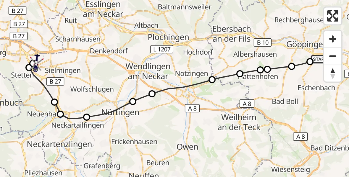 Flugroute Polizeihubschrauber Göppingen - Flughafen Stuttgart, 15 Oktober 2026, 16:04