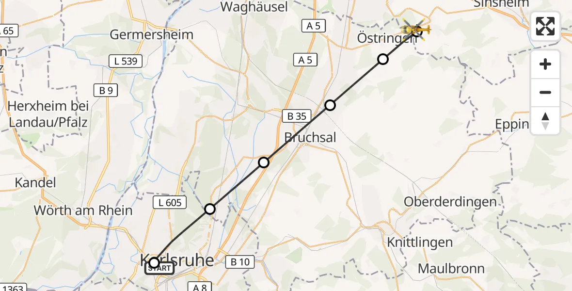 Flugroute Ambulanzhubschrauber Sankt Vincentius Hospital - Angelbachtal, 15 Oktober 2026, 16:18