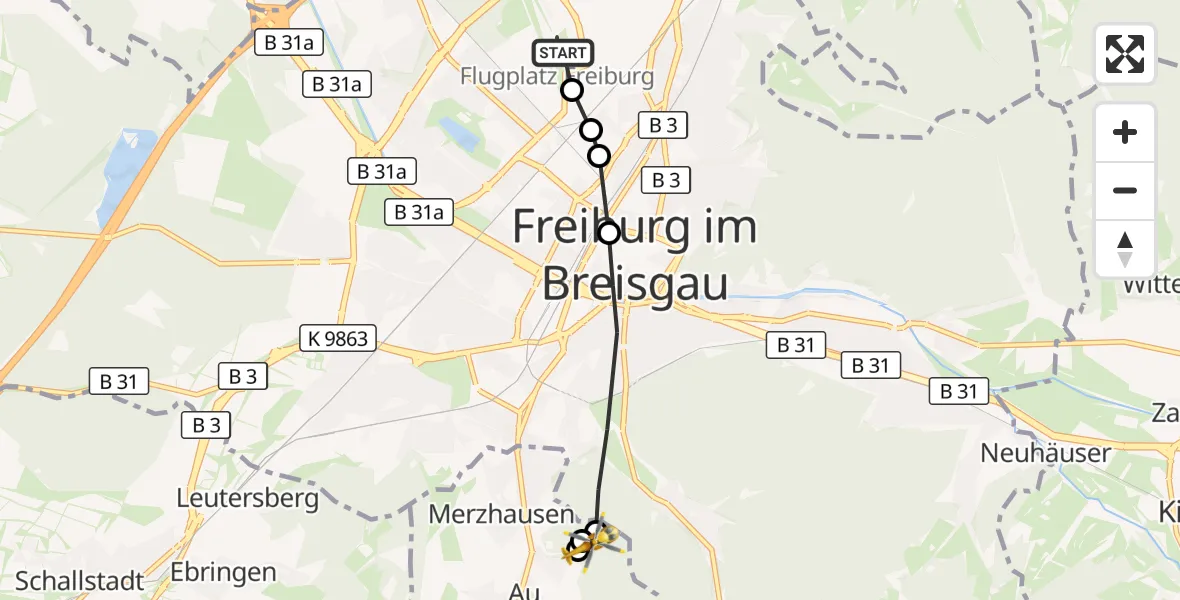 Flugroute Ambulanzhubschrauber Freiburg im Breisgau Flugplatz - Au, 15 Oktober 2026, 16:26