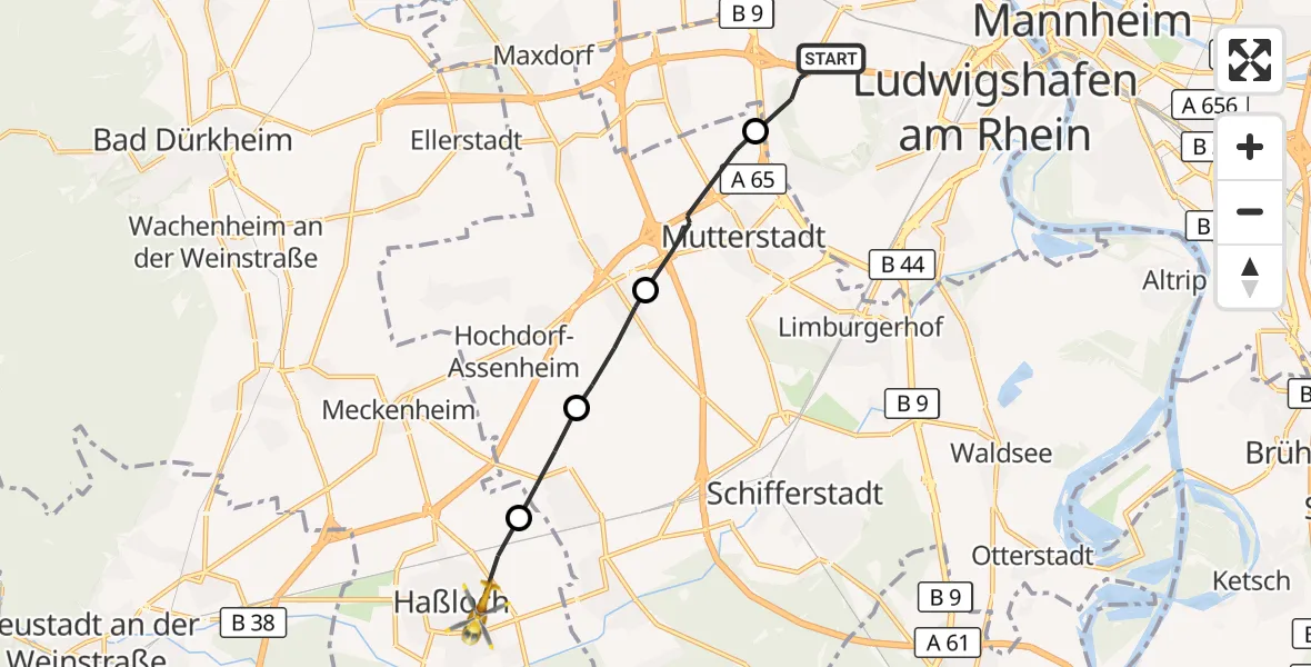 Flugroute Rettungshubschrauber Ludwigshafen am Rhein - Haßloch, 15 Oktober 2026, 16:31
