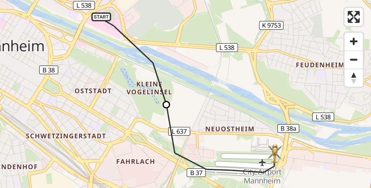 Flugroute Rettungshubschrauber Mannheim - Mannheim-City Flughafen, 15 Oktober 2026, 16:40