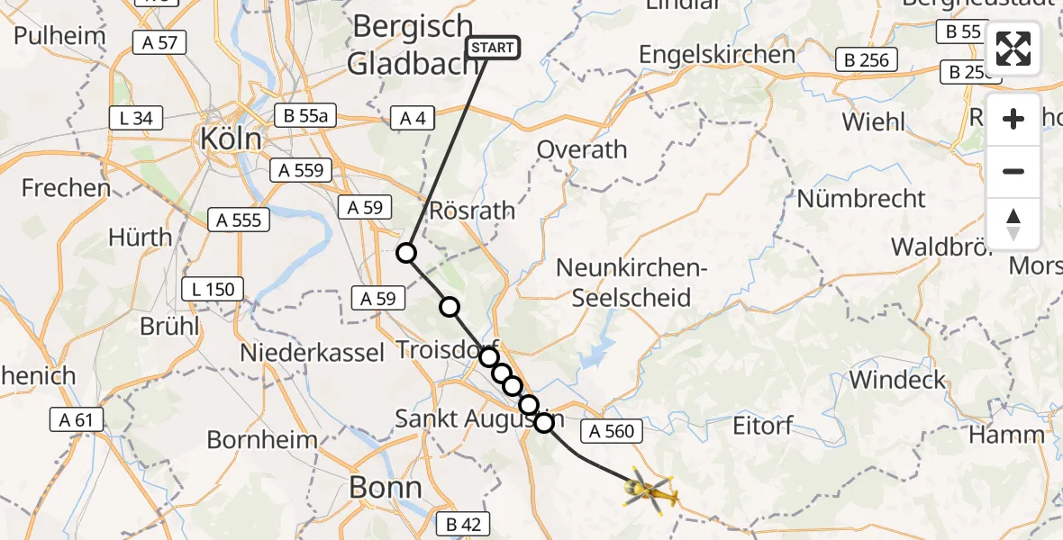 Flugroute Ambulanzhubschrauber Bergisch Gladbach - Hennef (Sieg), 15 Oktober 2026, 16:44