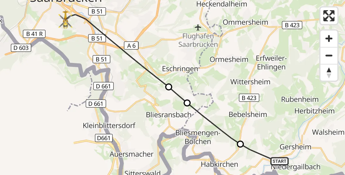 Flugroute Rettungshubschrauber Gersheim - Saarbrücken, 15 Oktober 2026, 16:45