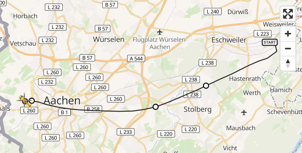 Flugroute Rettungshubschrauber Eschweiler - Aachen Hospital, 15 Oktober 2026, 16:50