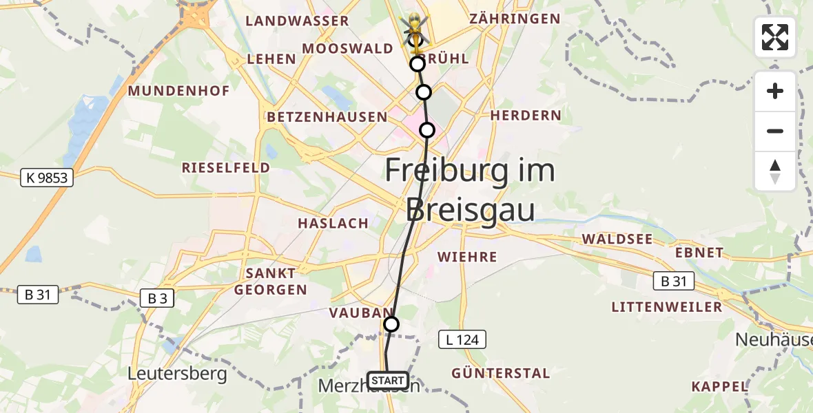 Flugroute Ambulanzhubschrauber Merzhausen - Freiburg im Breisgau Flugplatz, 15 Oktober 2026, 16:52
