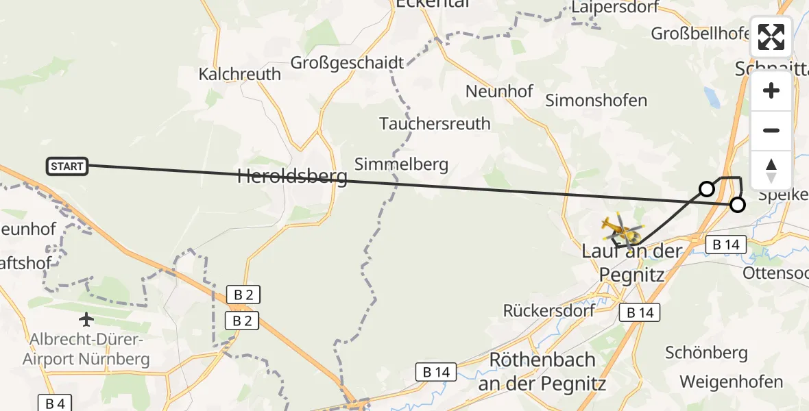 Flugroute Rettungshubschrauber Neunhofer Forst - Lauf a.d.Pegnitz, 15 Oktober 2026, 16:58
