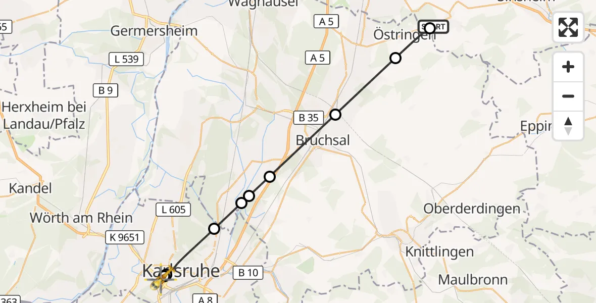 Flugroute Ambulanzhubschrauber Angelbachtal - Sankt Vincentius Hospital, 15 Oktober 2026, 16:59