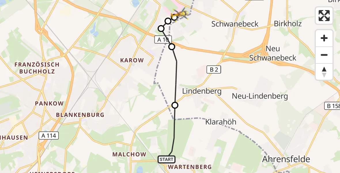 Flugroute Rettungshubschrauber Berlin - Helios Clinic Berlin-Buch, 15 Oktober 2026, 17:08