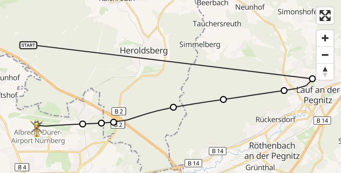 Flugroute Rettungshubschrauber Neunhofer Forst - Flughafen Nuremberg, 15 Oktober 2026, 17:13
