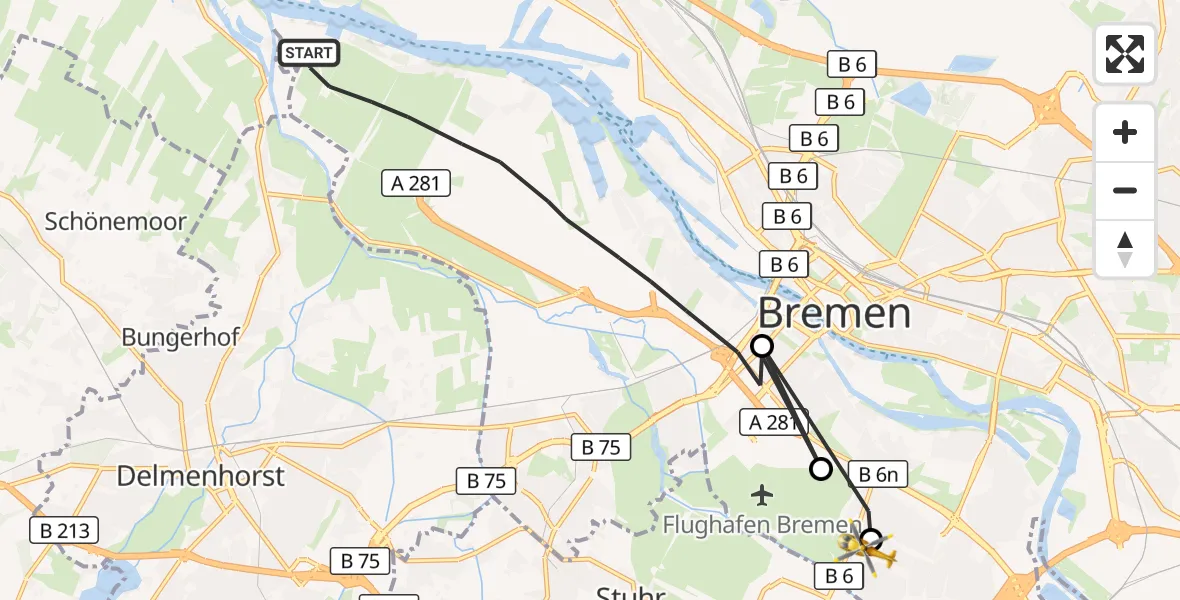Flugroute Rettungshubschrauber Bremen - ADAC Air Rescue Station Bremen Hubschrauberlandeplatz (Christoph 6), 15 Oktober 2026, 17:18