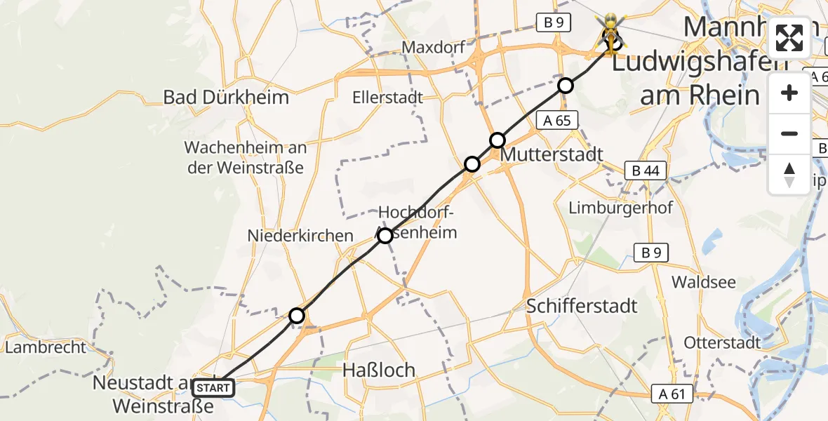 Flugroute Rettungshubschrauber Neustadt an der Weinstraße - Ludwigshafen Accident Hospital, 15 Oktober 2026, 17:27