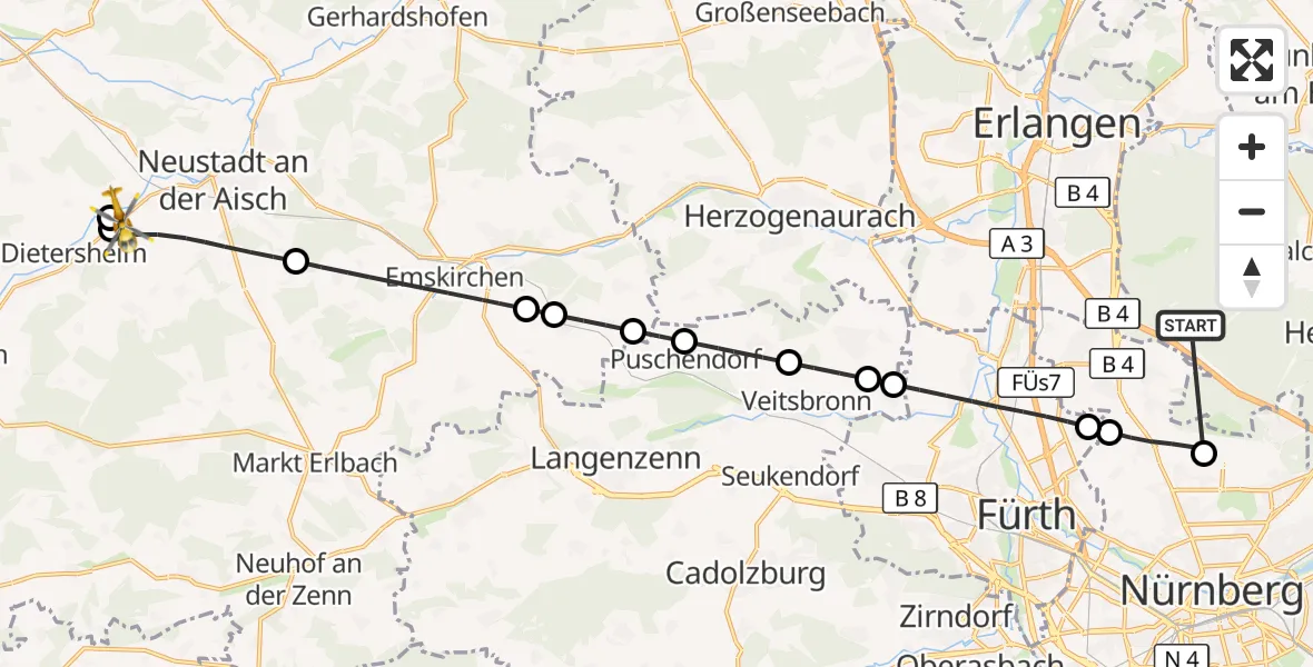 Flugroute Rettungshubschrauber Neunhofer Forst - Neustadt a.d.Aisch, 15 Oktober 2026, 17:30