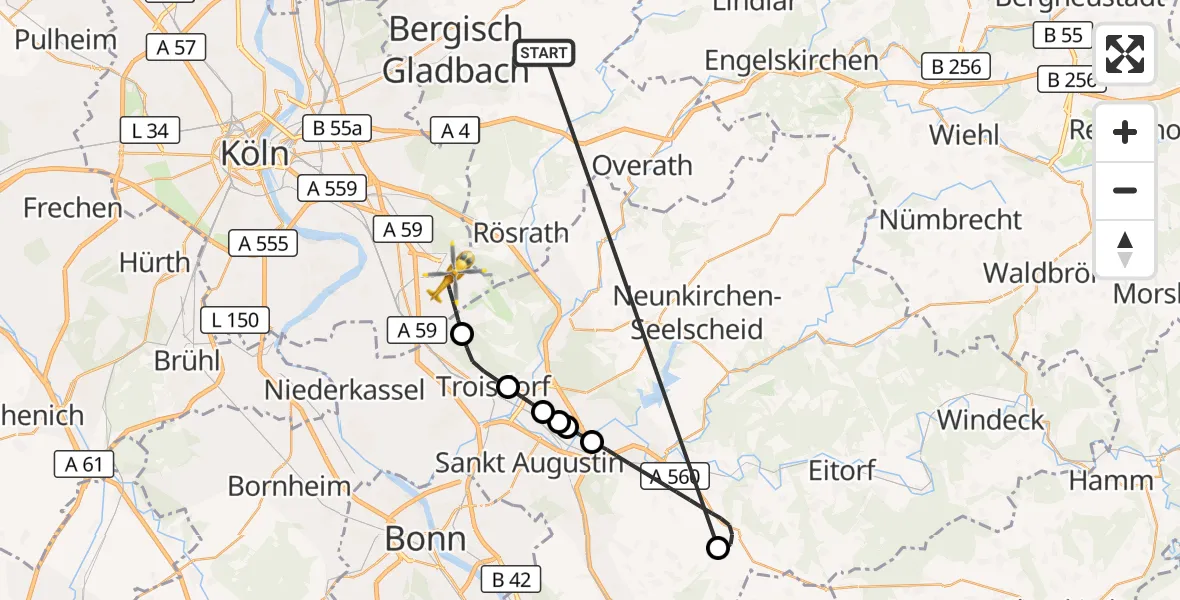 Flugroute Ambulanzhubschrauber Bergisch Gladbach - Köln Bonn Flughafen, 15 Oktober 2026, 17:34