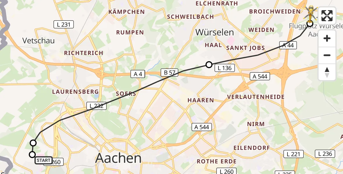 Flugroute Rettungshubschrauber Aachen Hospital - Aachen-Merzbrück Flughafen, 15 Oktober 2026, 17:46
