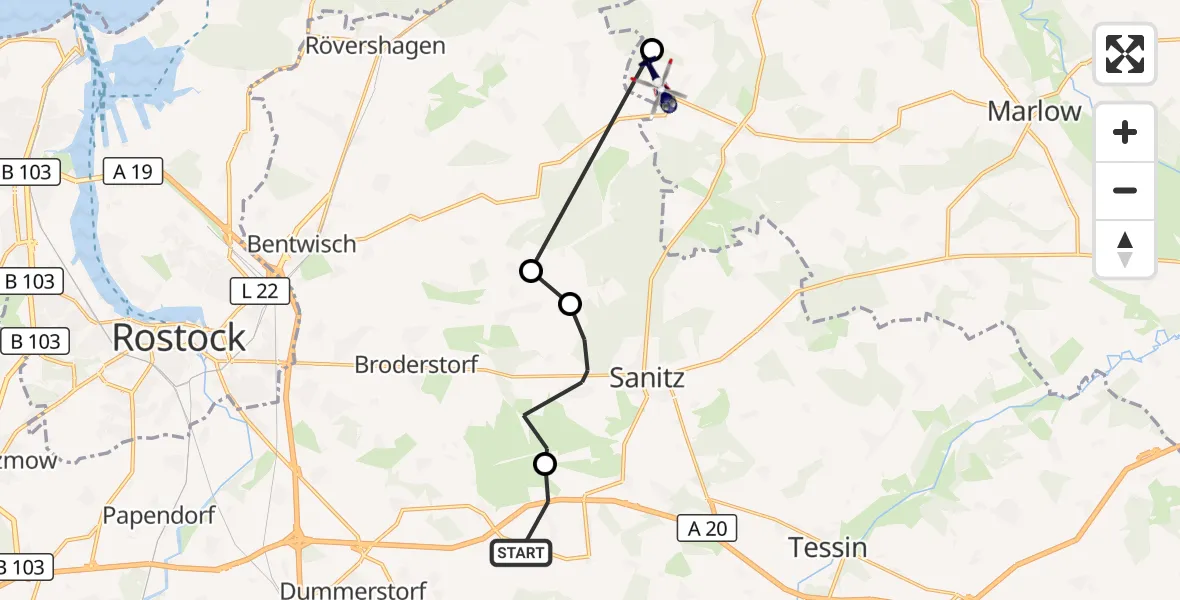 Flugroute Polizeihubschrauber Dummerstorf - Marlow, 15 Oktober 2026, 17:55