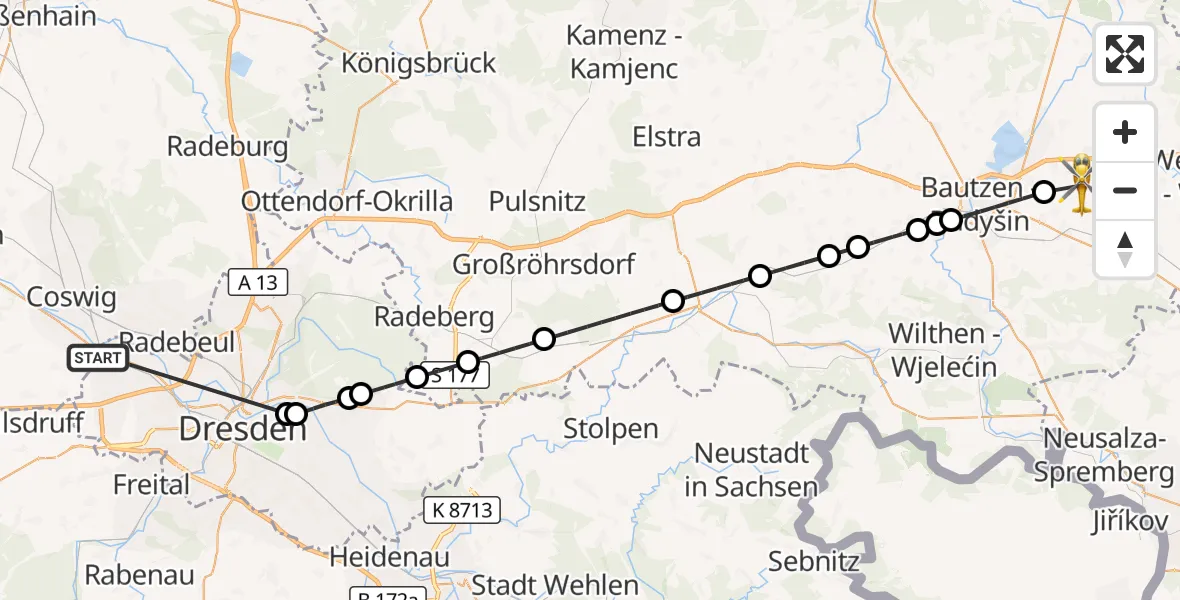 Flugroute Rettungshubschrauber Dresden - Bautzen Flugplatz, 15 Oktober 2026, 17:58