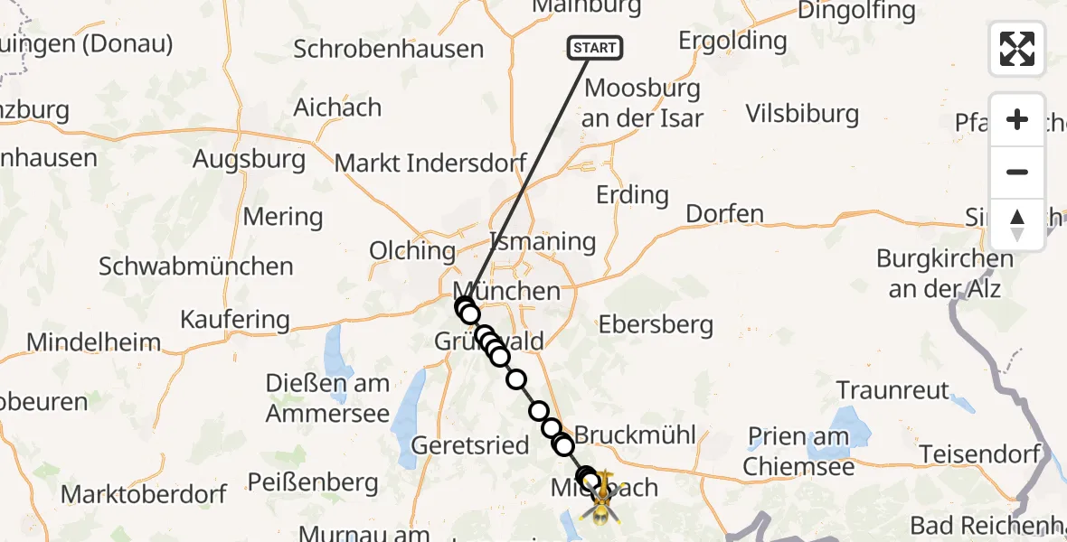 Flugroute Rettungshubschrauber Rudelzhausen - Agatharied Krankenhaus Hubschrauberlandeplatz, 15 Oktober 2026, 18:14