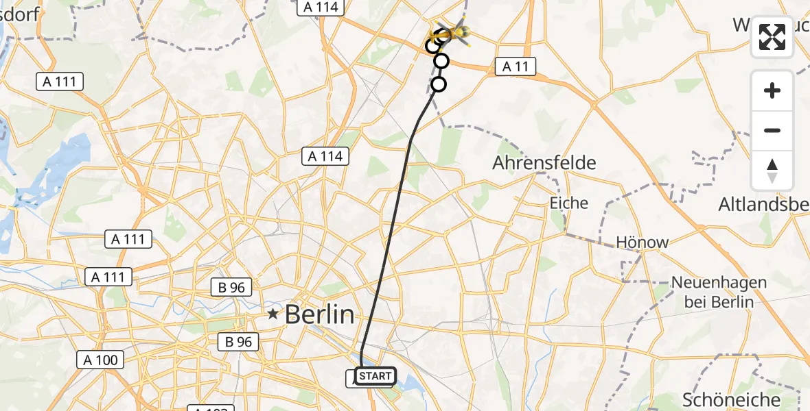 Flugroute Rettungshubschrauber Berlin - Helios Clinic Berlin-Buch, 15 Oktober 2026, 18:18