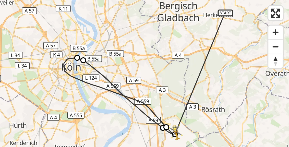 Flugroute Ambulanzhubschrauber Bergisch Gladbach - Köln Bonn Flughafen, 15 Oktober 2026, 18:25