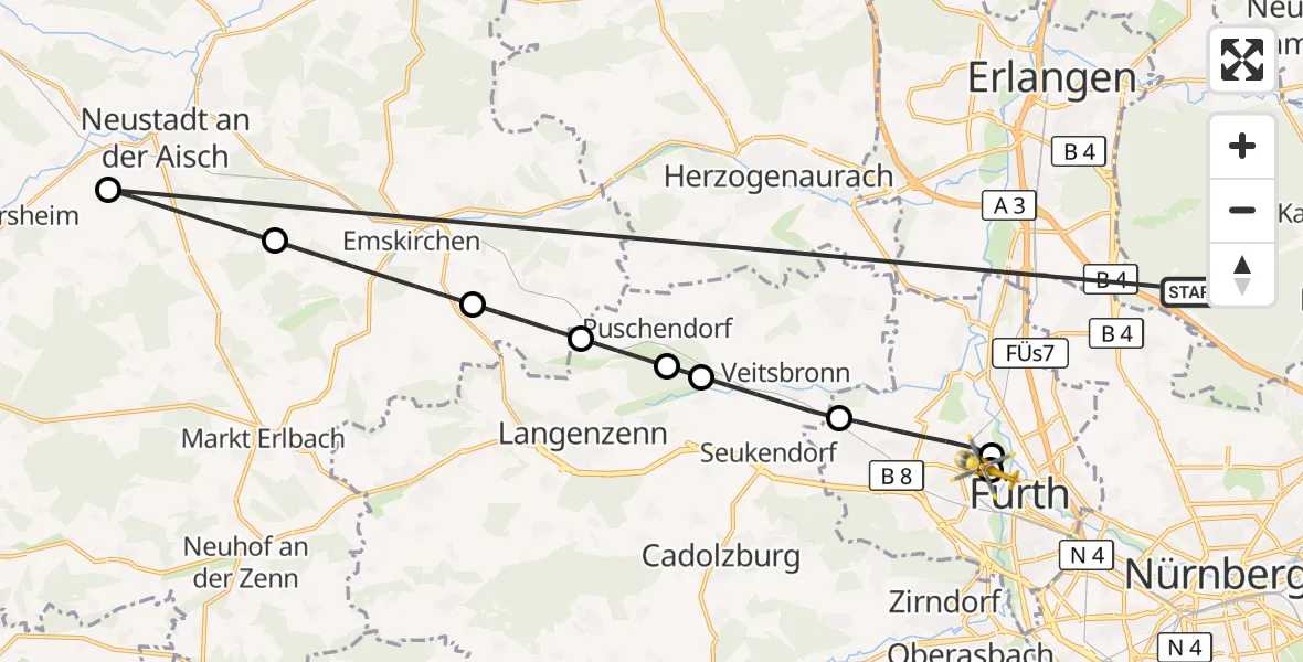Flugroute Rettungshubschrauber Neunhofer Forst - Fürth Hospital, 15 Oktober 2026, 18:31