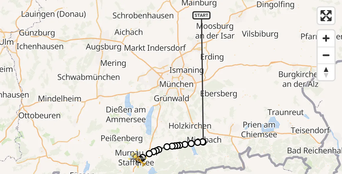 Flugroute Rettungshubschrauber Rudelzhausen - Murnau a.Staffelsee, 15 Oktober 2026, 18:53