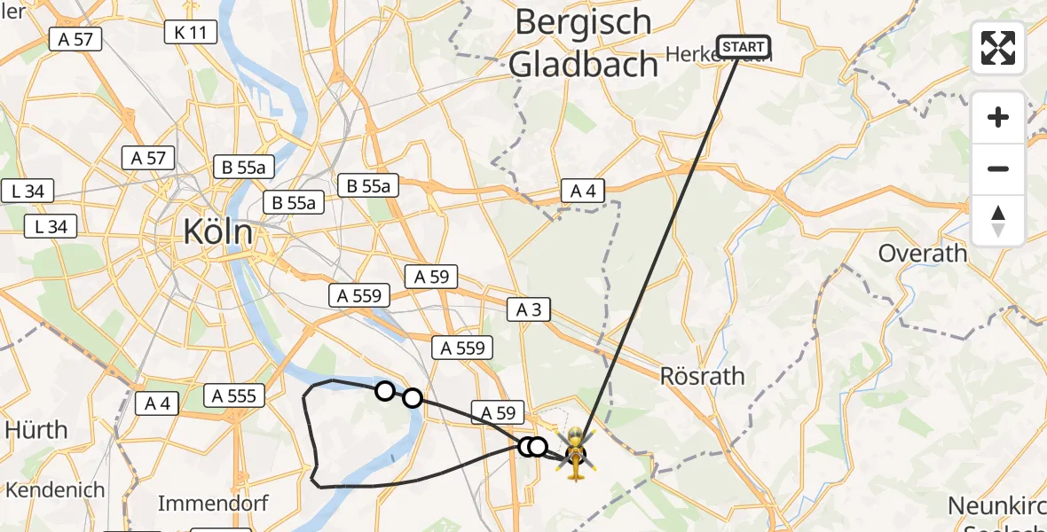 Flugroute Ambulanzhubschrauber Bergisch Gladbach - Köln Bonn Flughafen, 15 Oktober 2026, 18:58