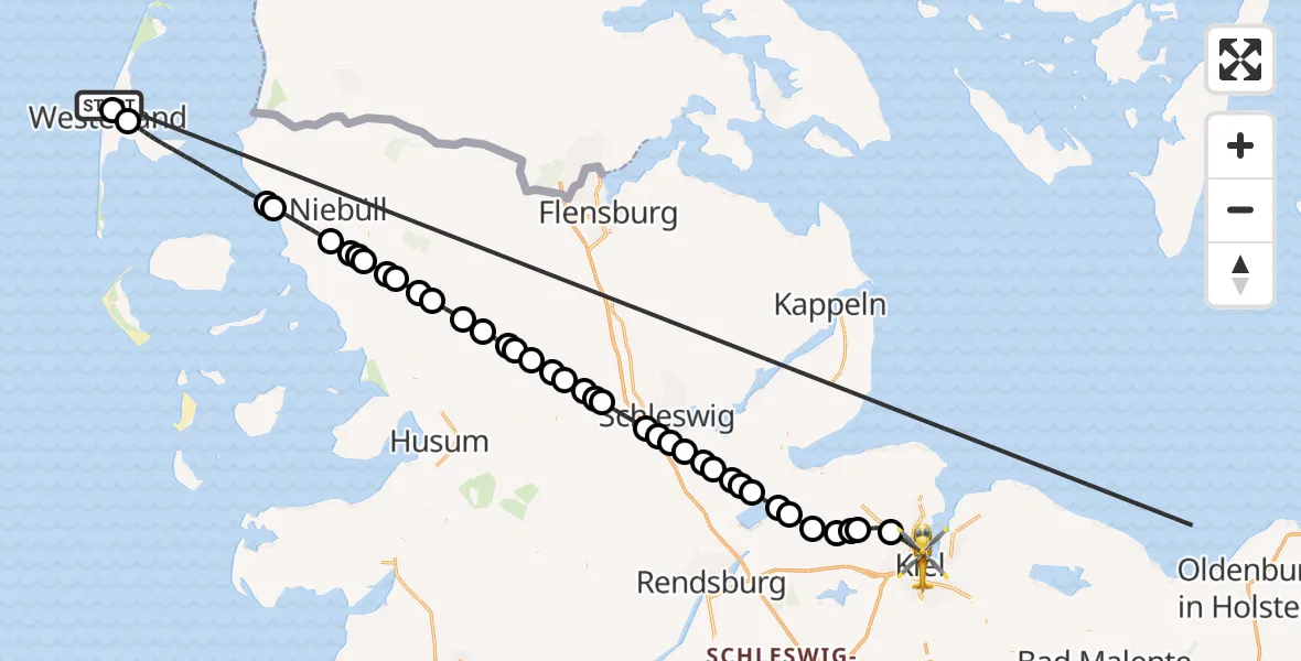 Flugroute Ambulanzhubschrauber Sylt - Kiel, 15 Oktober 2026, 19:02