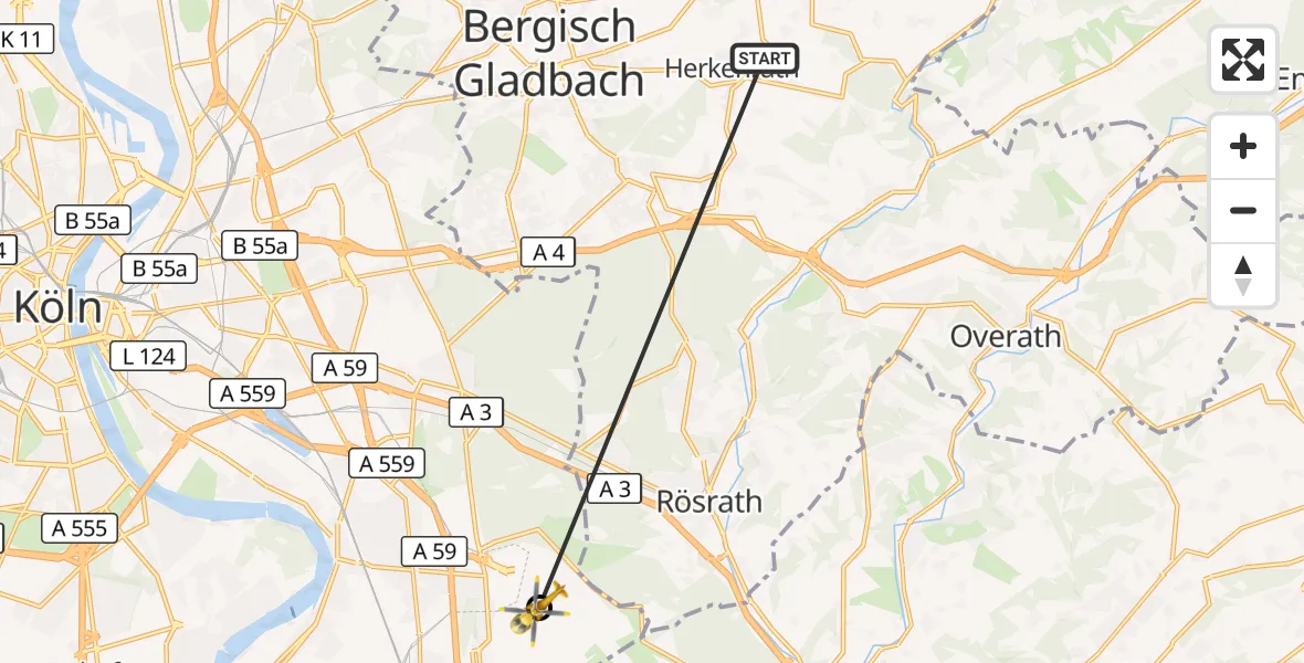 Flugroute Ambulanzhubschrauber Bergisch Gladbach - Köln Bonn Flughafen, 15 Oktober 2026, 19:10