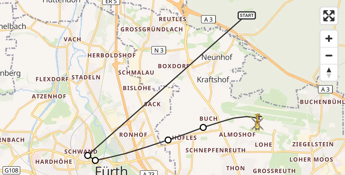 Flugroute Rettungshubschrauber Neunhofer Forst - Flughafen Nuremberg, 15 Oktober 2026, 19:10