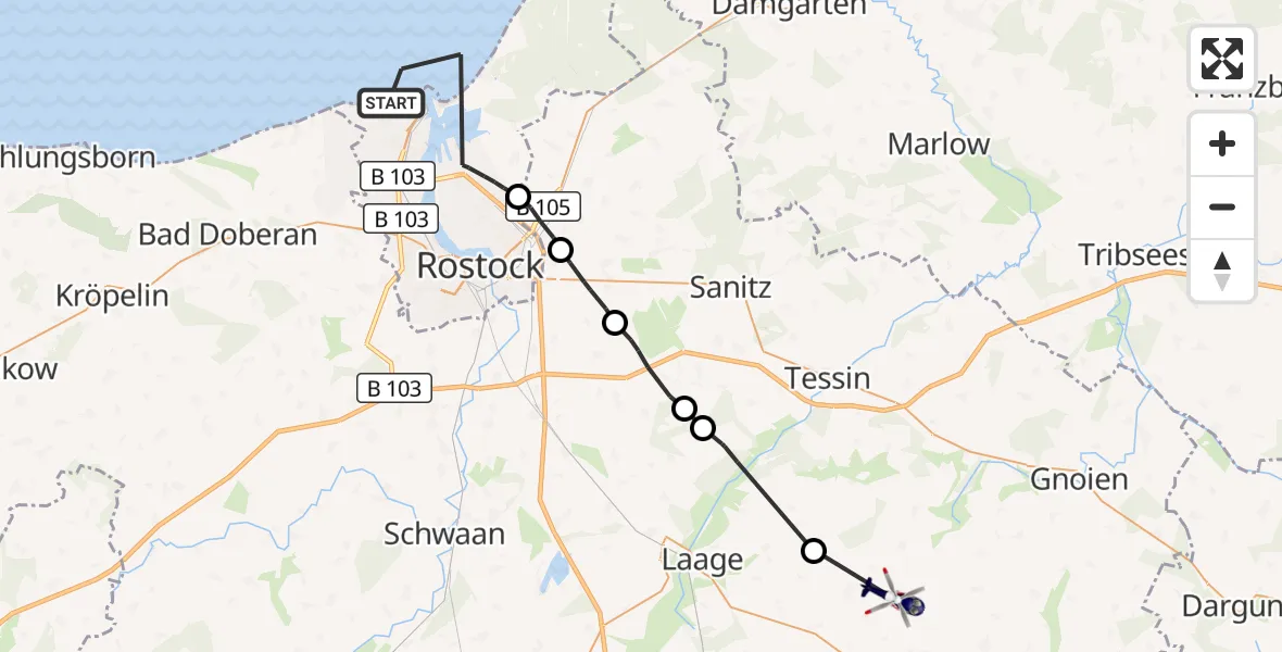 Flugroute Polizeihubschrauber Rostock - Prebberede, 15 Oktober 2026, 19:13